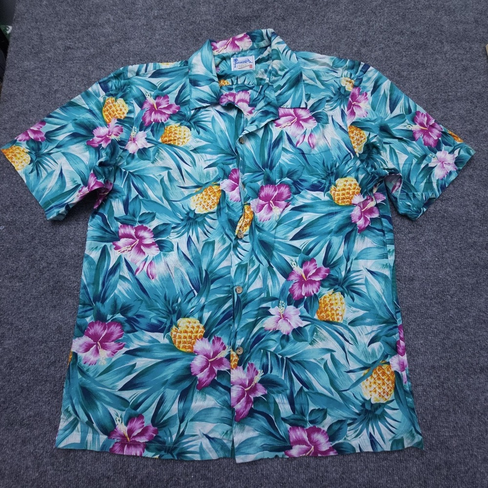 Hawaii Aloha Shirt Mens XL Blue Green Pineapple Hibiscus Short‎ Sleeve Made USA